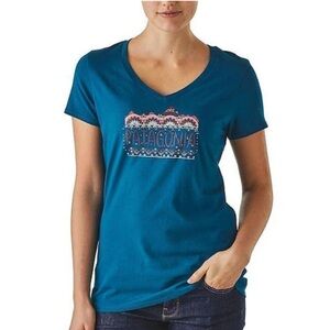Patagonia Women's Teal Blue Femme Fitz Roy Organic Cotton V-Neck T-Shirt Small